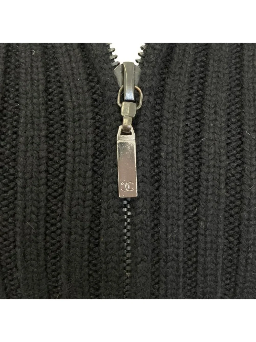 Chanel Cashmere 100% CC Logo Wide Rib Knit Zip Jacket 34 Black